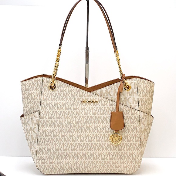 MICHAEL KORS LARGE X CHAIN SHOULDER TOTE VANILLA SIGNATURE - Picture 3 of 16